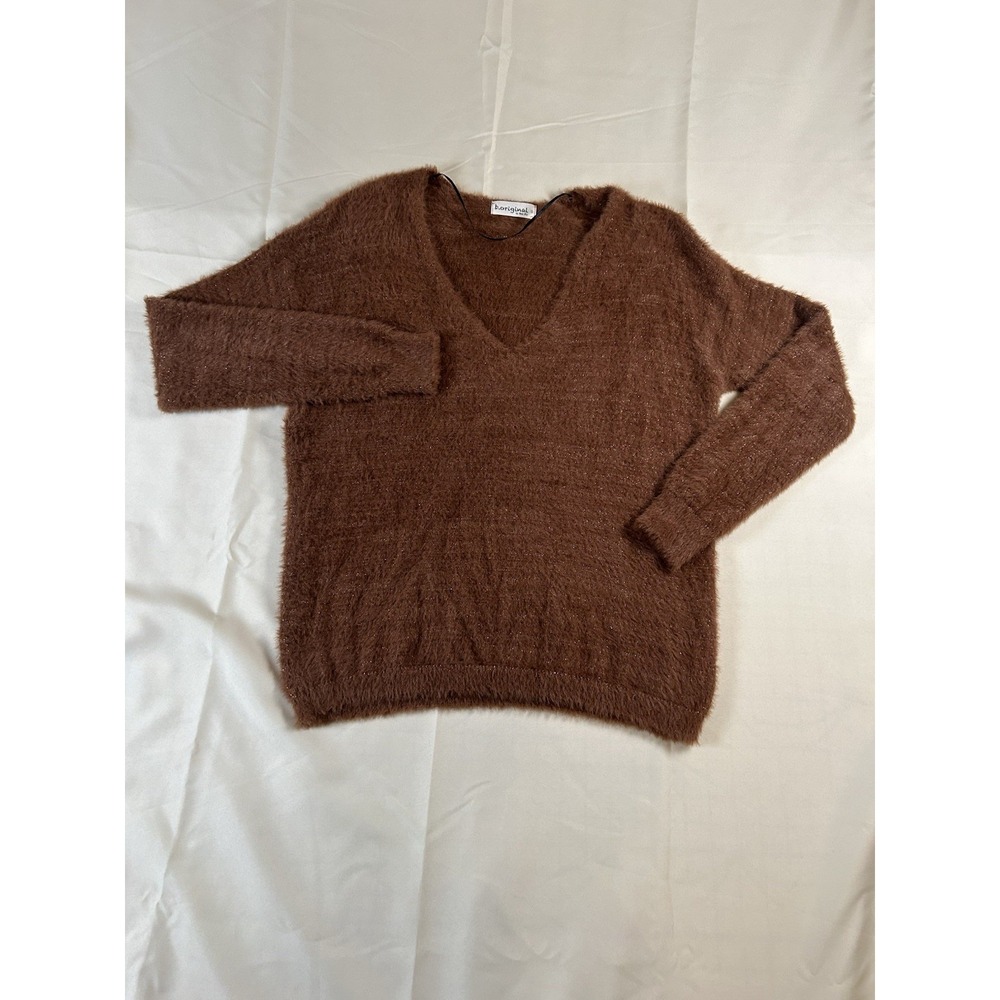 B.Original By Shoe Fly, Fuzzy Knit Sweater, Tan, SZ: Small, Metallic Accents
